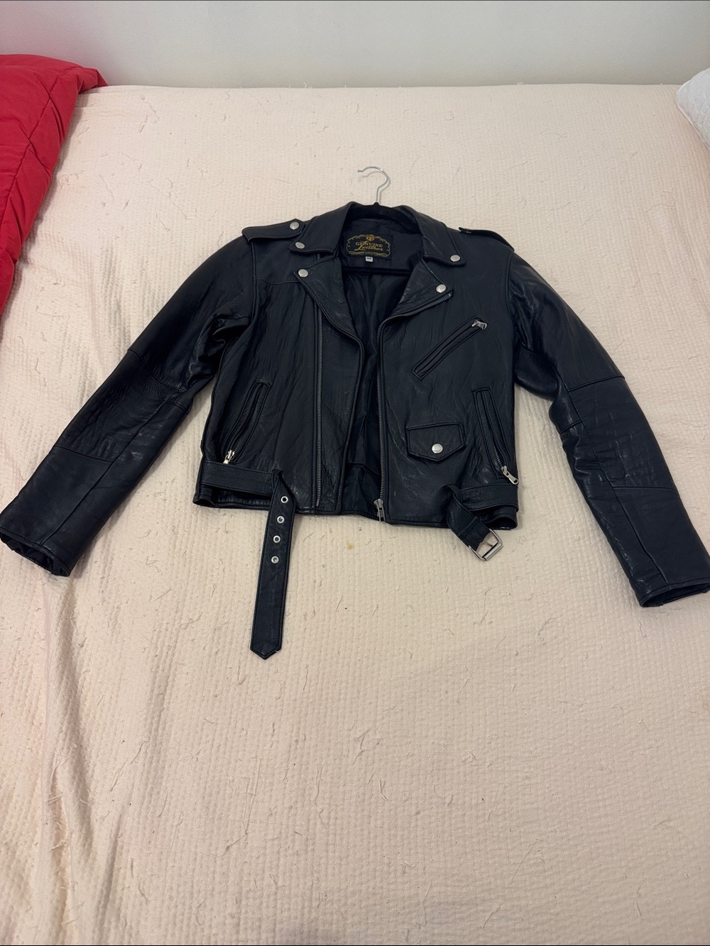 Women's Black Leather Moto Jacket with Belted Waist
